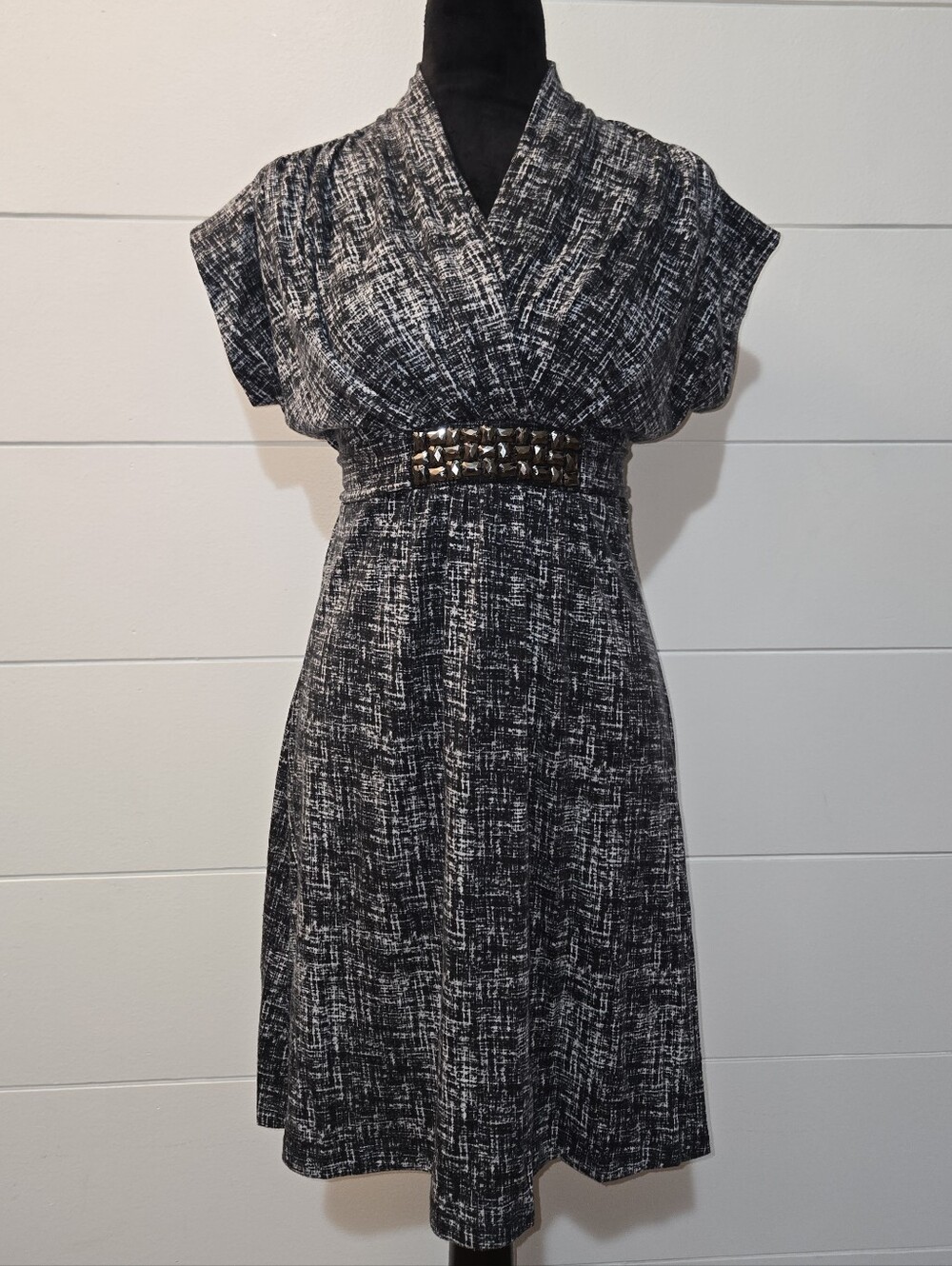 Wish Black & White Textured Wrap-Style Midi Dress with Studded Waist